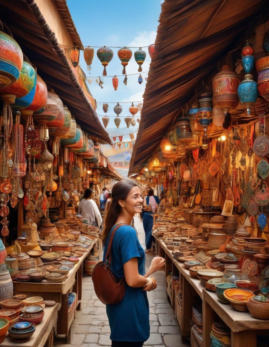 A traveler joyfully holding an eclectic collection of unique souvenirs and personalized gifts from around the world, such as handcrafted jewelry, intricately designed pottery, and vibrant textiles. The background features a rustic market scene with colorful stalls and exotic destinations indicated by signposts. painting. vibrant colors.