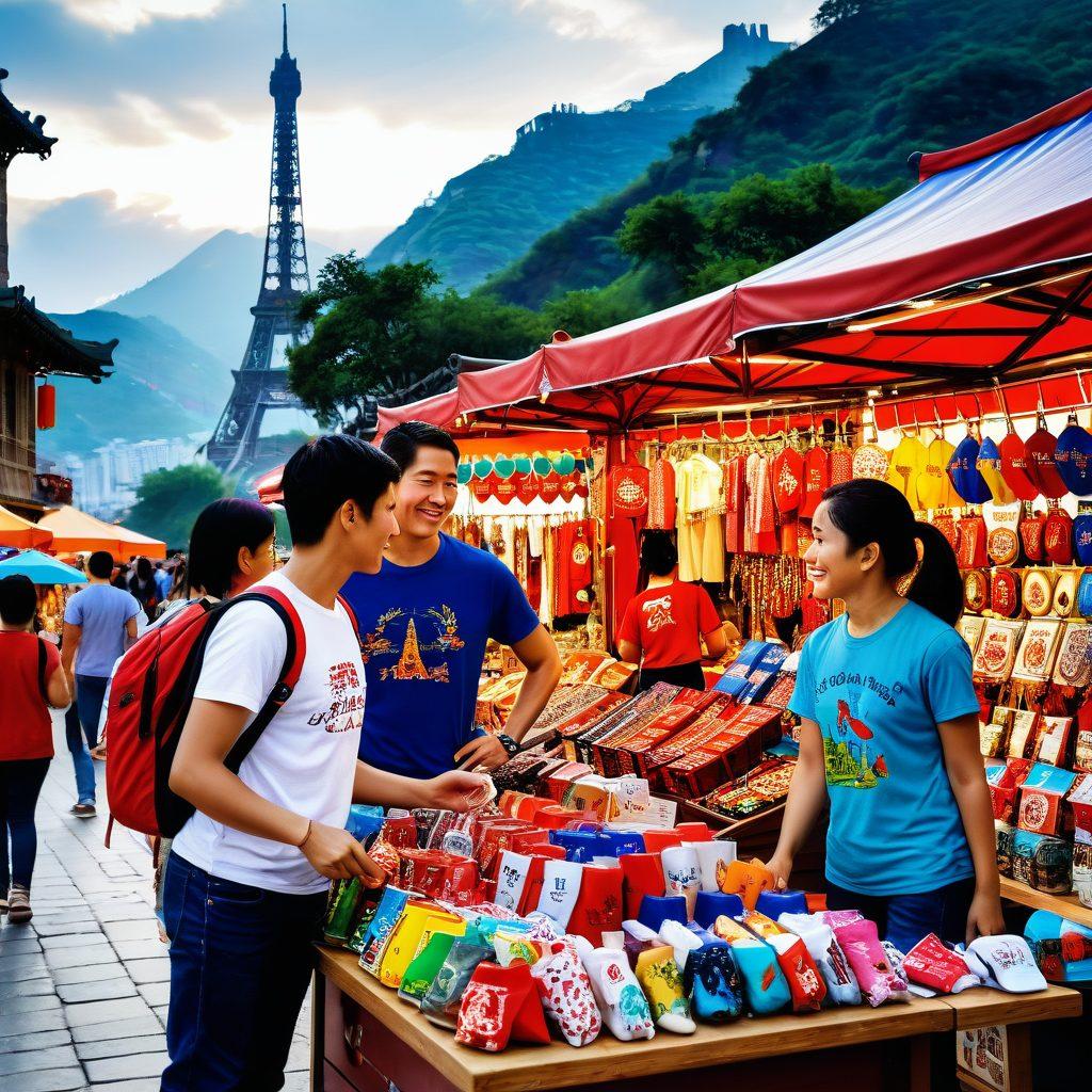 A bustling marketplace filled with colorful stalls showcasing a variety of custom souvenirs and personalized gifts, including keychains, mugs, and photo albums; a couple is selecting a gift, while a child gleefully examines a personalized t-shirt. A backdrop of iconic landmarks from different countries like the Eiffel Tower and the Great Wall of China. Cross-cultural festive atmosphere. super-realistic. vibrant colors. high detail.