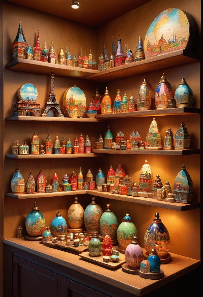 A cozy, world map-themed gift shop adorned with elegantly wrapped packages and colorful handcrafted mementos from various countries. Detailed artisanal keepsakes such as intricately designed jewelry, hand-painted ceramics, and exclusive travel tokens like mini Eiffel Towers and tiny Matryoshka dolls are showcased on wooden shelves. Warm, inviting lighting enhances the rich textures and vibrant colors of items. Vector art. vibrant colors.